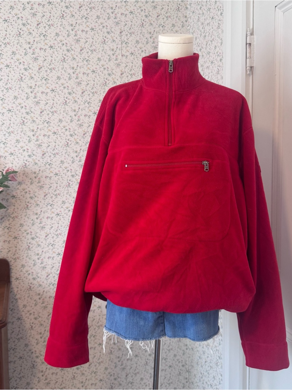 VINTAGE Polo Ralph Lauren Red Quarter-Zip Fleece Pullover Sweater